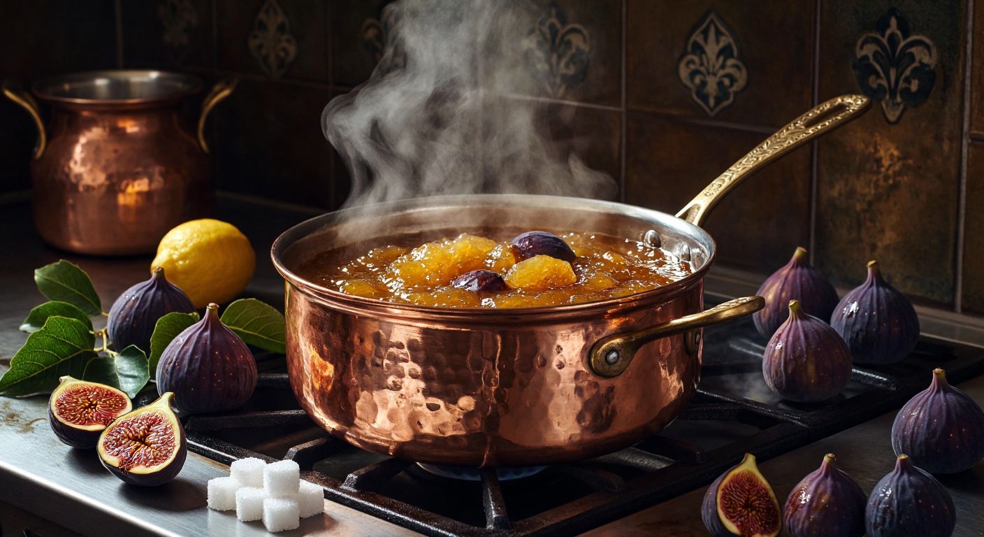 A bubbling copper pot of golden fig jam simmers on a stove, surrounded by fresh figs, sugar cubes, and a lemon, with steam rising in a warm Turkish kitchen.