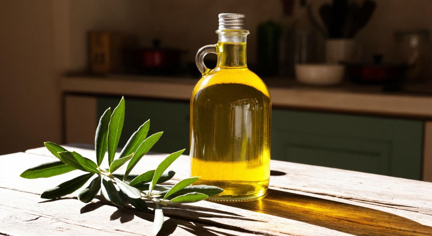 A golden olive oil bottle with a fresh green olive branch beside it, resting on a rustic wooden table in a sunlit Turkish kitchen.