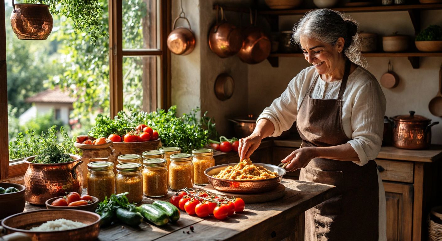A rustic wooden table in a sunlit Turkish kitchen holds jars of golden-brown organic tarhana, surrounded by fresh vegetables, traditional copper pots, and a smiling elderly woman in an apron preparing the dish with care.