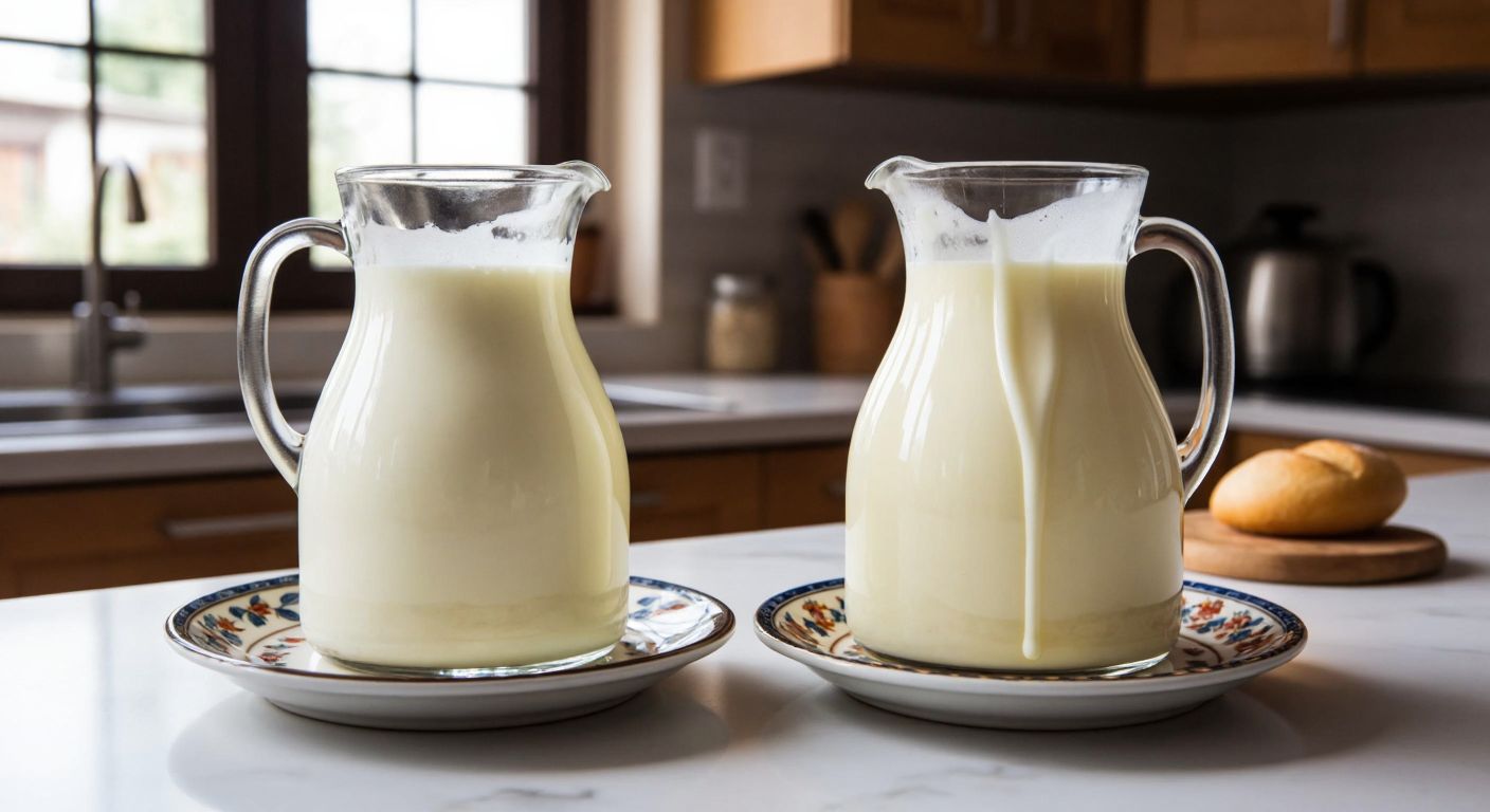 A Turkish kitchen counter with two glass pitchers side by side—one filled with thick, creamy full-fat cream and the other with a lighter, runnier half-fat cream, both drizzling slowly onto a traditional ceramic plate.