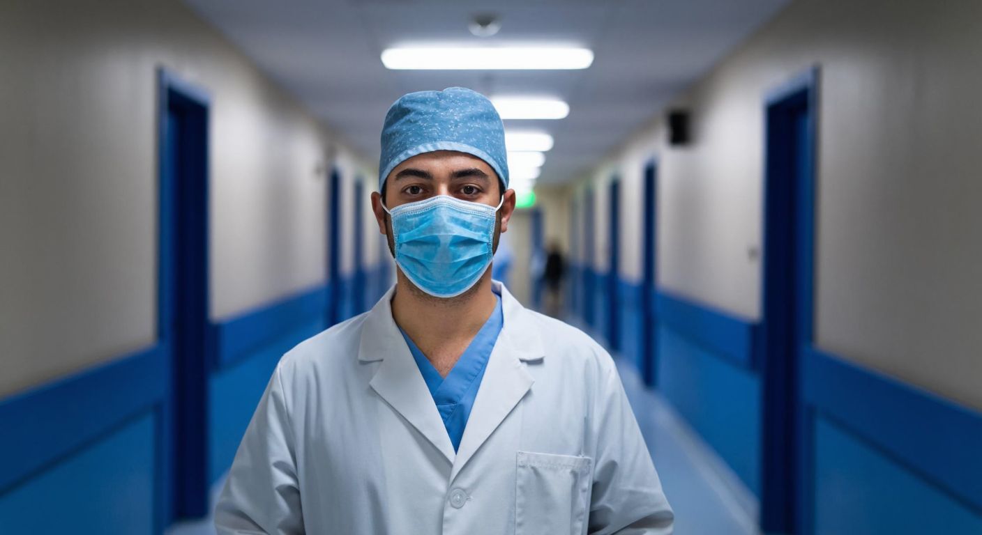 A Turkish doctor in a white coat and blue surgical mask wears a hairnet and transparent shoe covers while standing in a sterile hospital corridor with bright overhead lights.