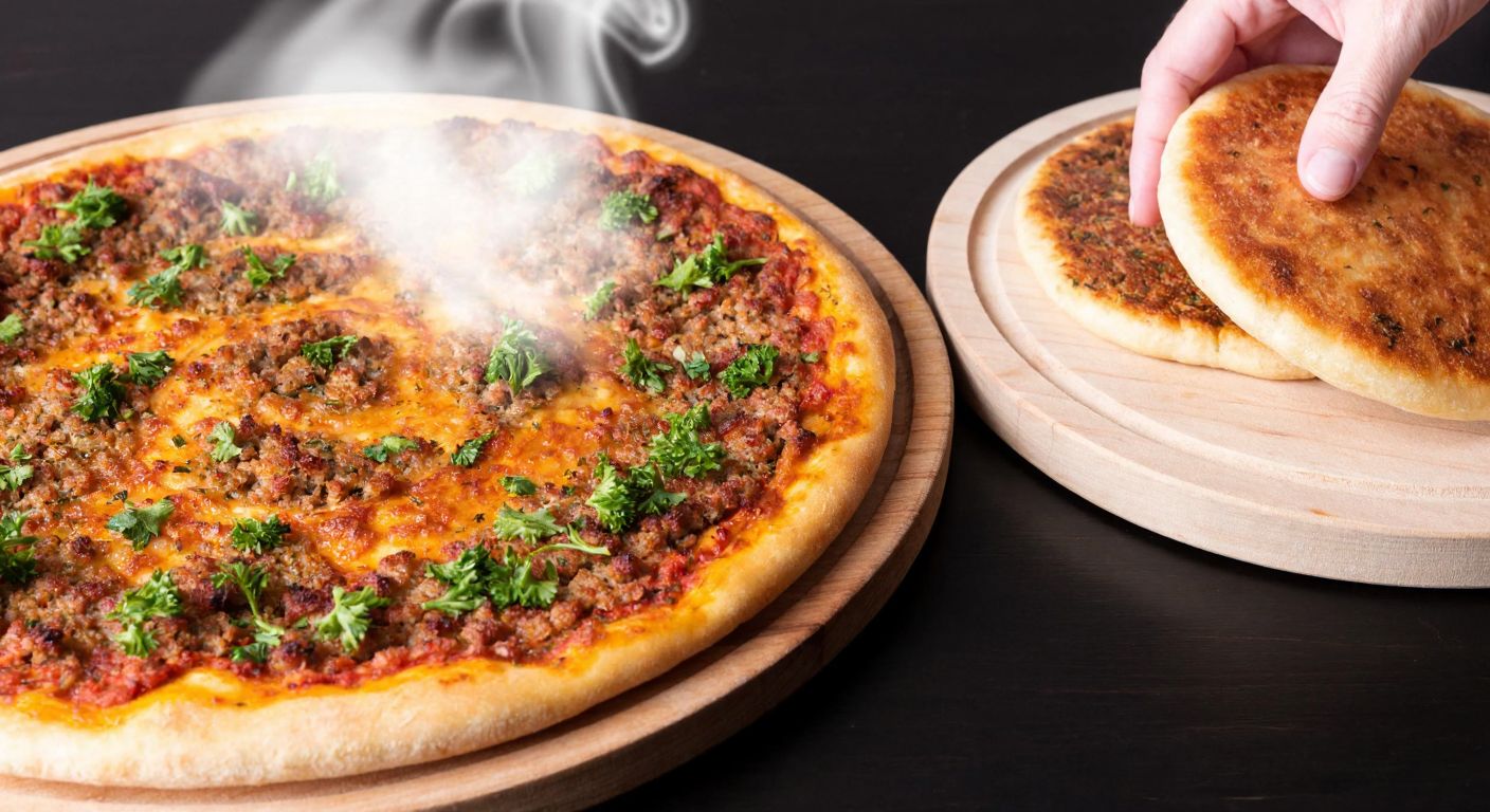 A golden-brown lahmacun with minced meat and herbs, freshly baked on a wooden tray, placed next to a small pile of two more lahmacun, with steam rising and a hand reaching to take one.