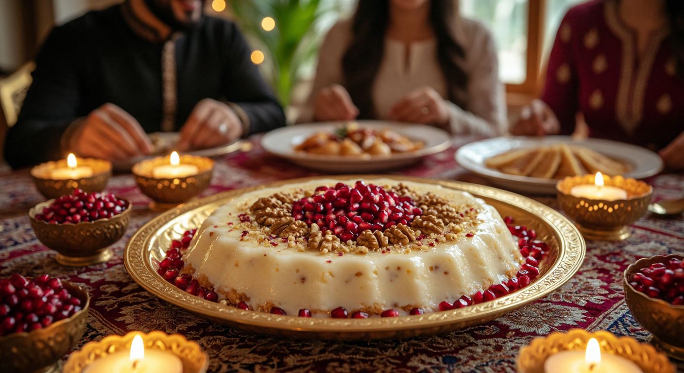 A golden tray of delicate güllaç layered with milk, sprinkled with crushed walnuts and pomegranate seeds, placed on a traditional Turkish iftar table surrounded by smiling family members in warm candlelight.