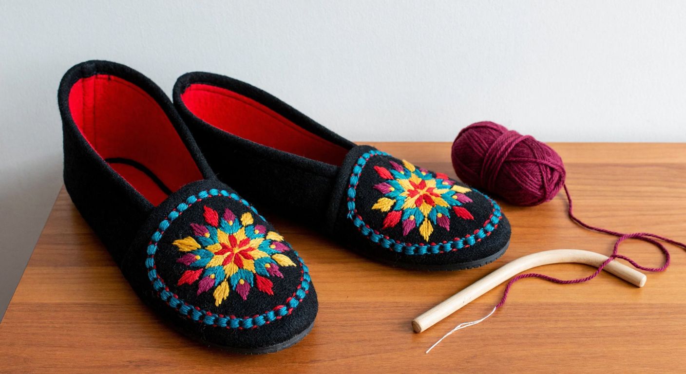 A pair of handmade Turkish panduf slippers with colorful embroidery resting on a wooden table next to a ready-made sole and a ball of yarn, evoking warmth and craftsmanship.