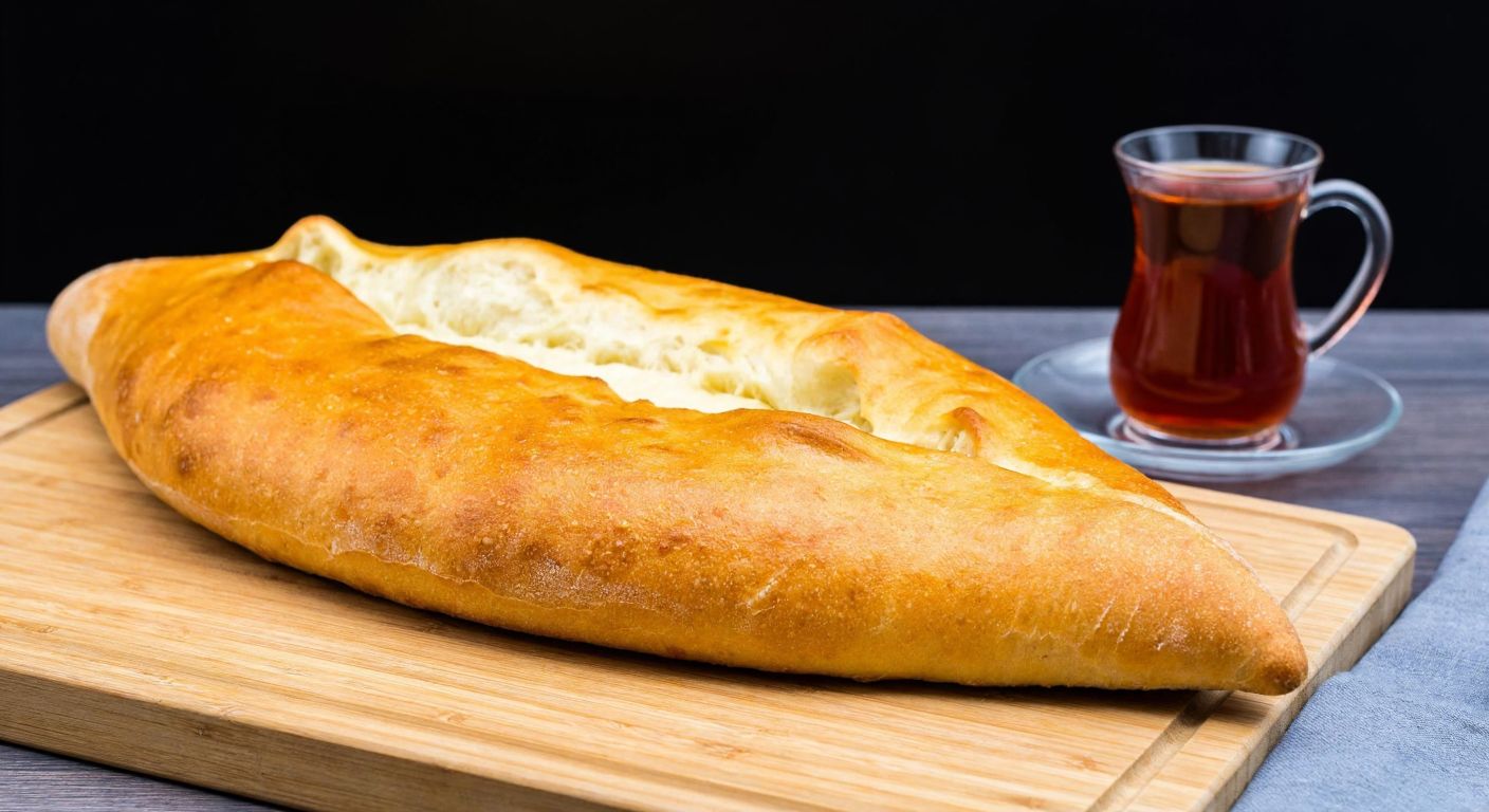 A golden-brown, oval-shaped **kumru bread** with a thin, crispy crust and soft interior, resting on a wooden cutting board beside a traditional Turkish tea glass, evoking warmth and simplicity.