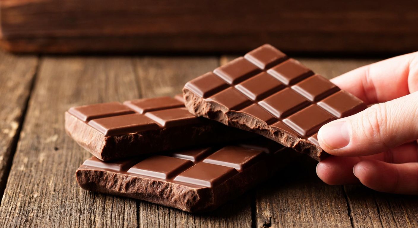 A close-up of a hand holding a piece of dark, glossy **Eti Karam** chocolate next to a bar of rich, dark **bitter chocolate**, both resting on a rustic wooden table with warm lighting.