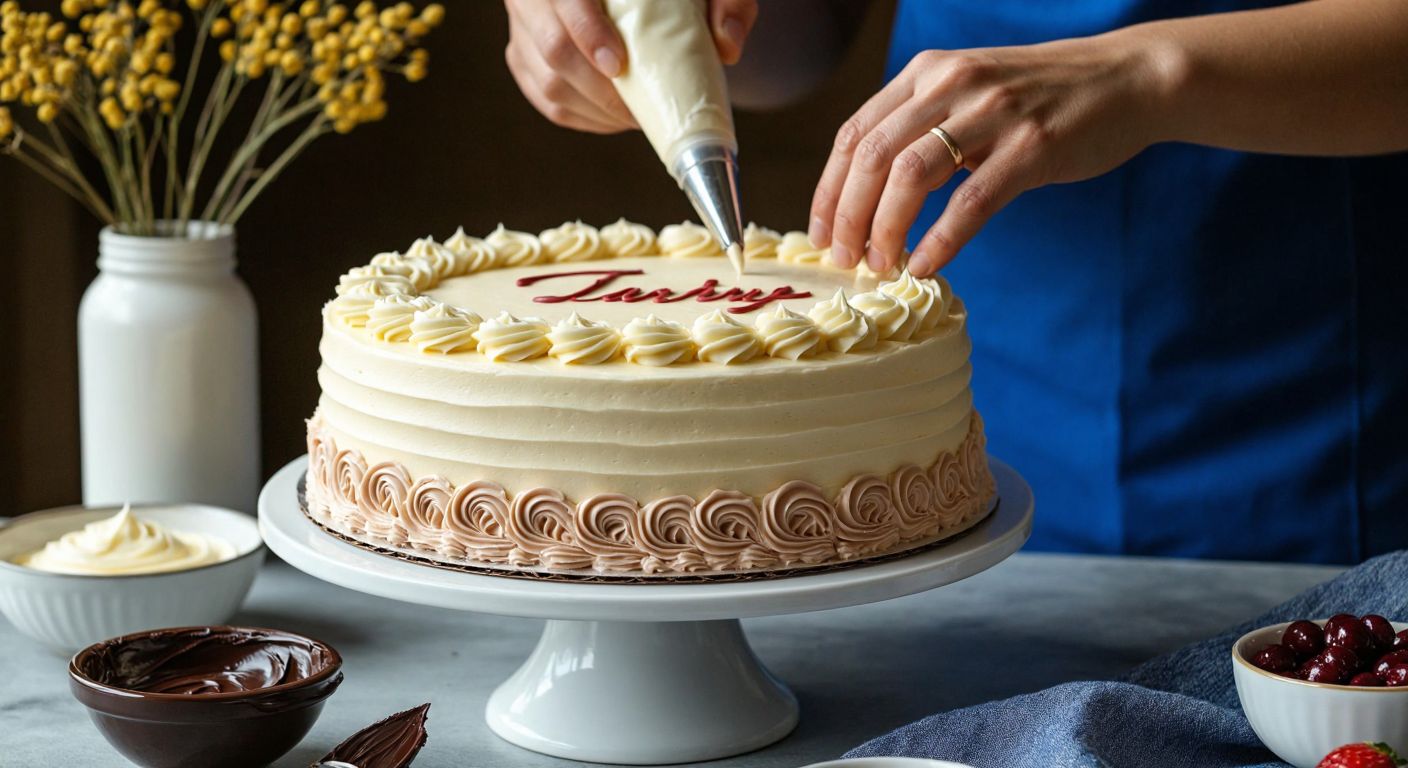 A vibrant Turkish cake with smooth buttercream frosting being piped into elegant script by a baker’s steady hand, surrounded by bowls of royal icing and ganache.