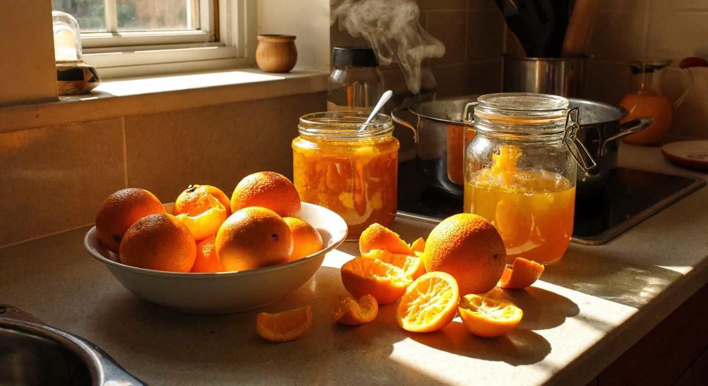 A Turkish kitchen counter with bright orange peels soaking in a bowl of water, a steaming pot nearby, and a jar of golden marmalade reflecting warm sunlight.