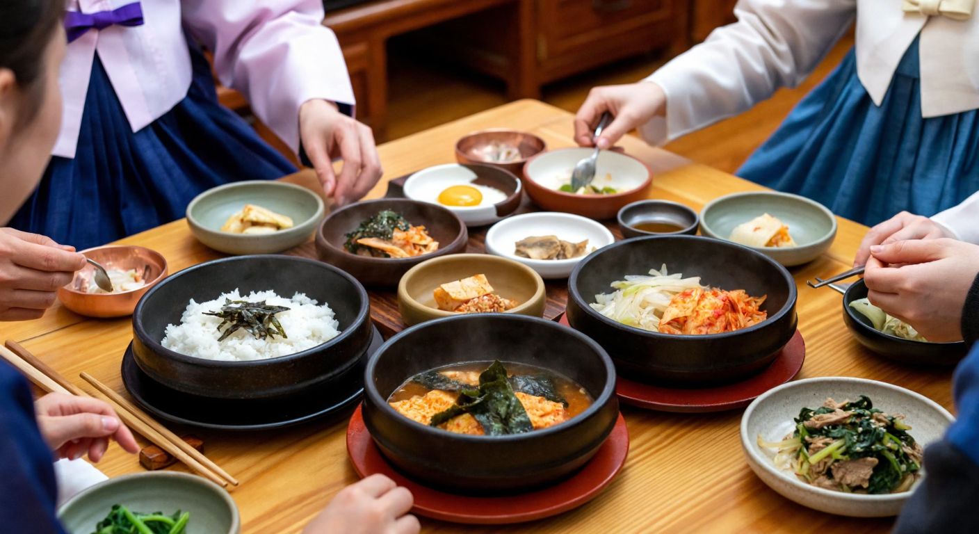 A traditional Korean dining table set with three distinct meals—steaming bowls of rice, kimchi, and banchan for breakfast, lunch, and dinner—surrounded by people in hanbok sharing food warmly.
