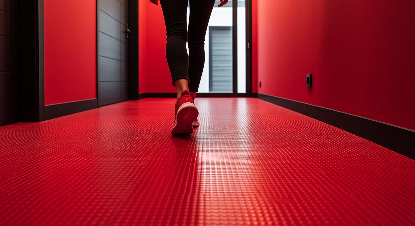 A sleek, modern Turkish home interior with vibrant red rubber tile flooring under warm lighting, reflecting durability and style, while a person steps confidently on its textured, slip-resistant surface.
