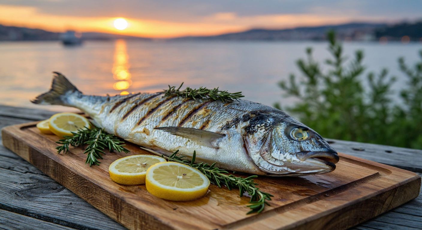 A freshly grilled lüfer fish on a rustic wooden platter, garnished with lemon slices, sprigs of thyme, and dill, drizzled with golden olive oil, set against a backdrop of the Bosphorus at sunset.