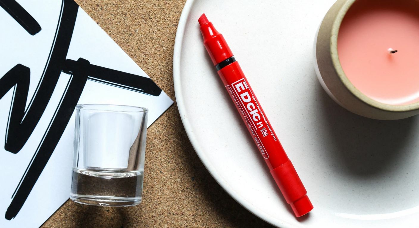 A close-up of a bright red Edding 750 marker resting on a white ceramic plate beside a small glass bottle of kolonya, with bold black strokes on a textured surface in the background.