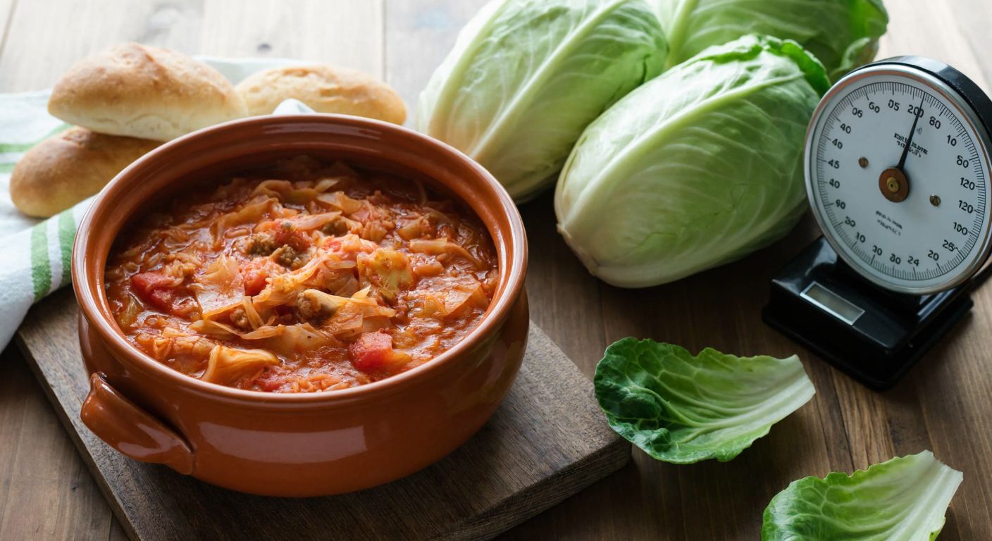 A steaming ceramic bowl of kapuska (Turkish cabbage stew) sits on a wooden table, surrounded by fresh cabbage leaves and a small kitchen scale, evoking warmth and home-cooked simplicity.