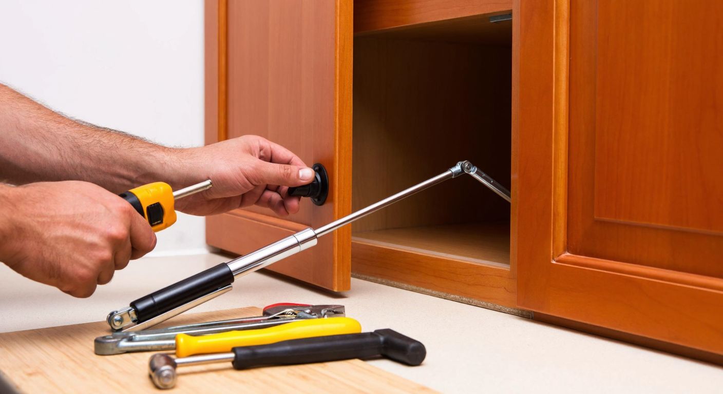 A close-up of a Turkish person's hands carefully attaching a cabinet door piston (gas spring) to a wooden kitchen cabinet, with tools laid out on a counter and a partially open door showing the mechanism in action.