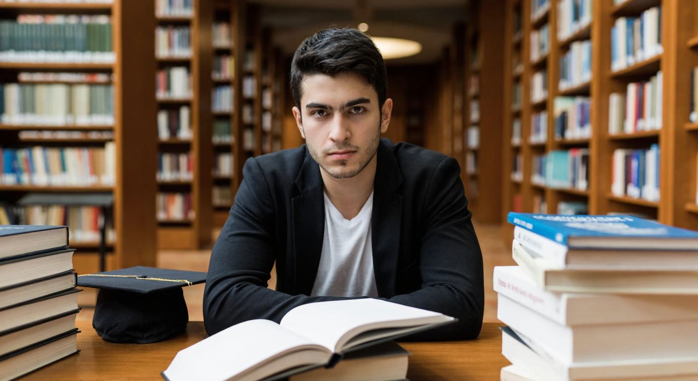 A determined young Turkish student in a university library, surrounded by stacks of economics and law textbooks, with a focused expression and a graduation cap nearby.