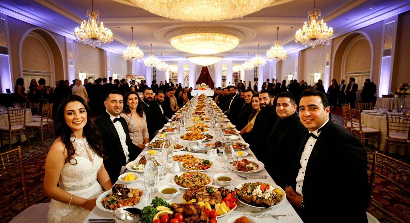 A grand, elegantly decorated wedding venue in Istanbul with a long banquet table filled with traditional Turkish dishes, sparkling water pitchers, and no alcoholic beverages in sight, surrounded by smiling guests in formal attire.