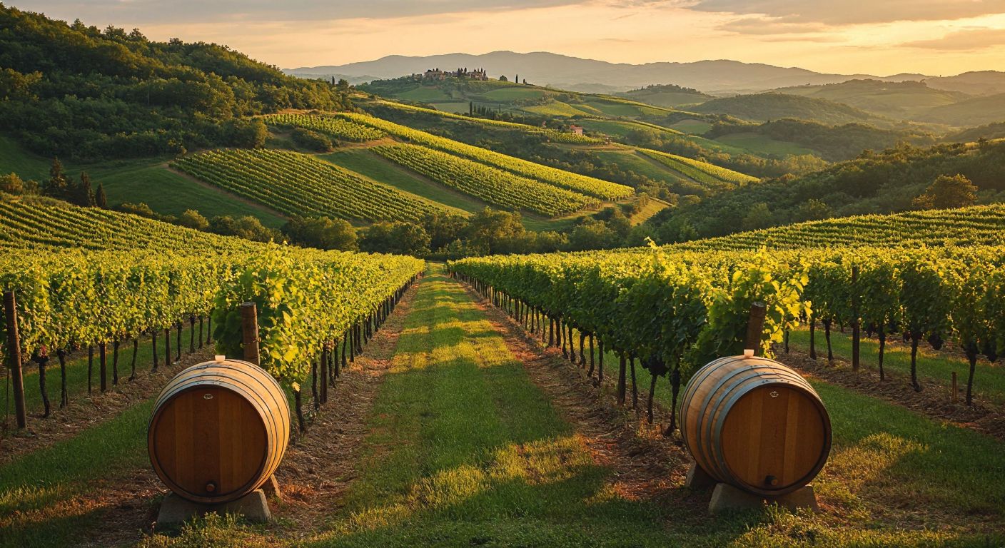 A rustic Italian vineyard in Veneto with rolling green hills, neat rows of grapevines, and a warm sunset casting golden light over wooden wine barrels.