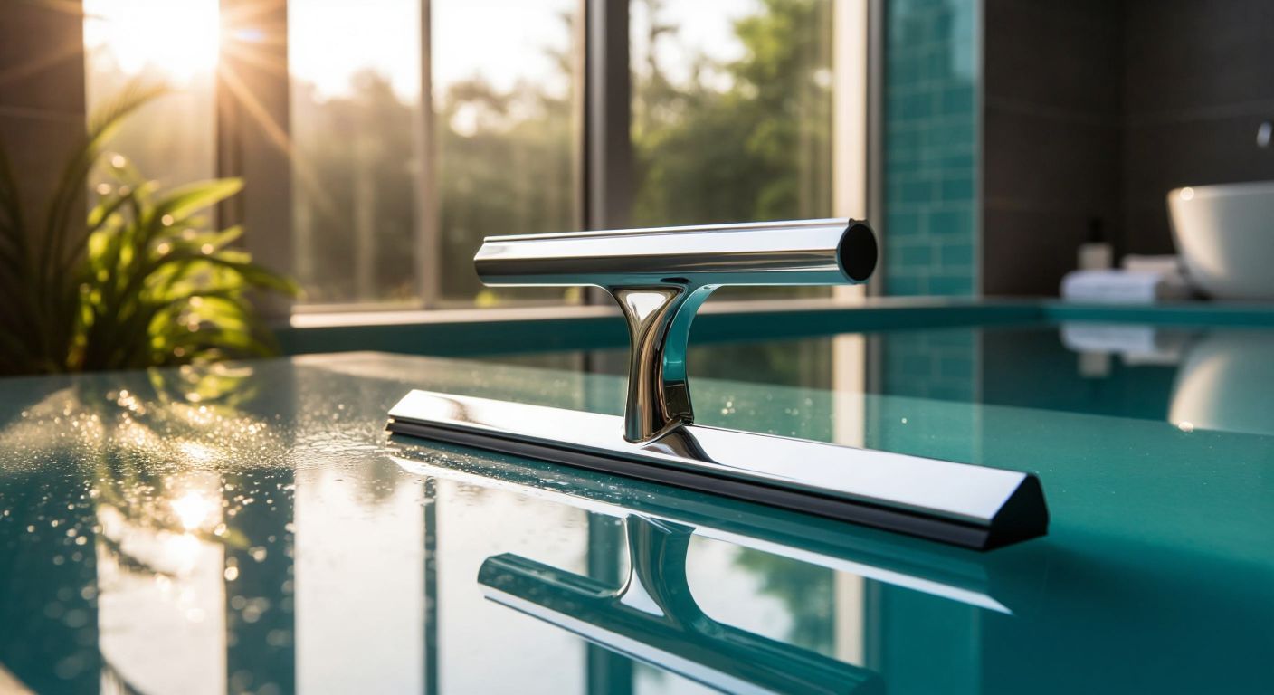 A sleek, stainless steel squeegee with a seamless design glides smoothly across a sparkling clean glass surface in a sunlit Turkish bathroom, reflecting efficiency and hygiene.