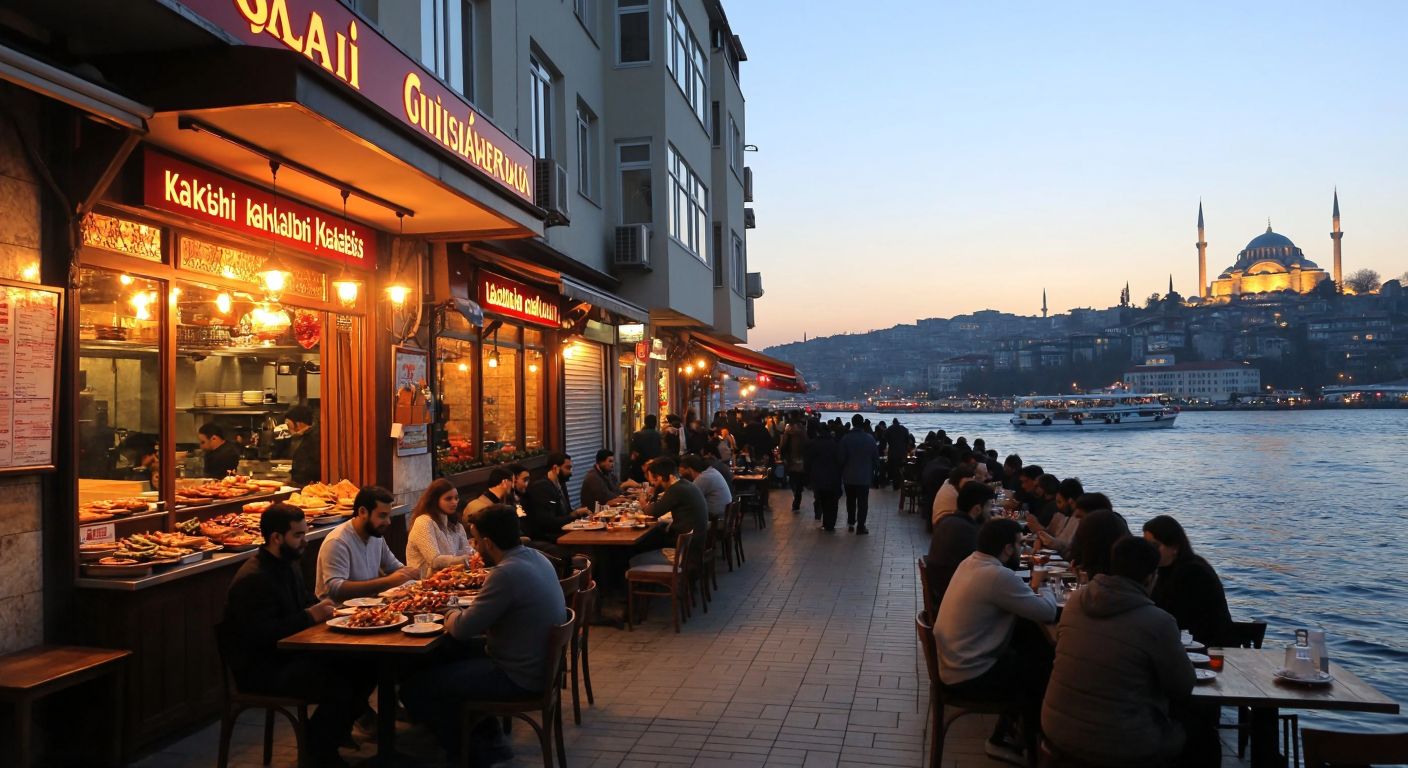 A bustling Istanbul street scene with two traditional Turkish restaurants—one in Sultangazi with warm lighting and steaming plates of kebabs, and another in Üsküdar by the waterfront, where diners enjoy çay with a view of the Bosphorus.