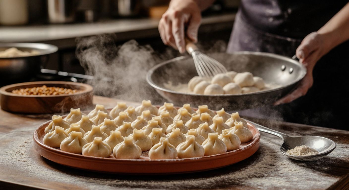 A steaming plate of tiny Turkish manti dumplings arranged neatly next to a large silver spoon, with a warm kitchen backdrop and hands dusted in flour preparing more dough.
