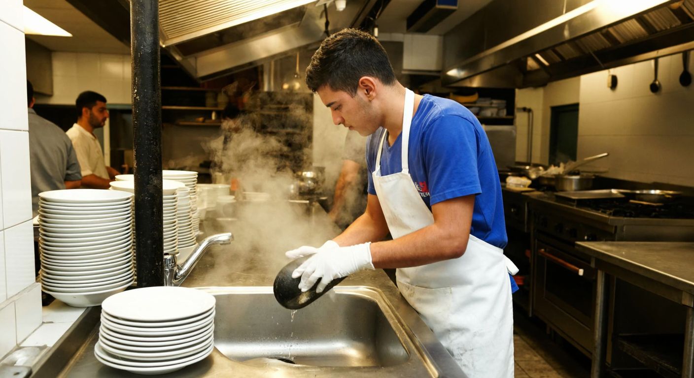 A young man in a white apron and gloves stands at a stainless steel sink in a bustling Turkish restaurant kitchen, scrubbing a stack of ceramic plates while steam rises from the hot water.