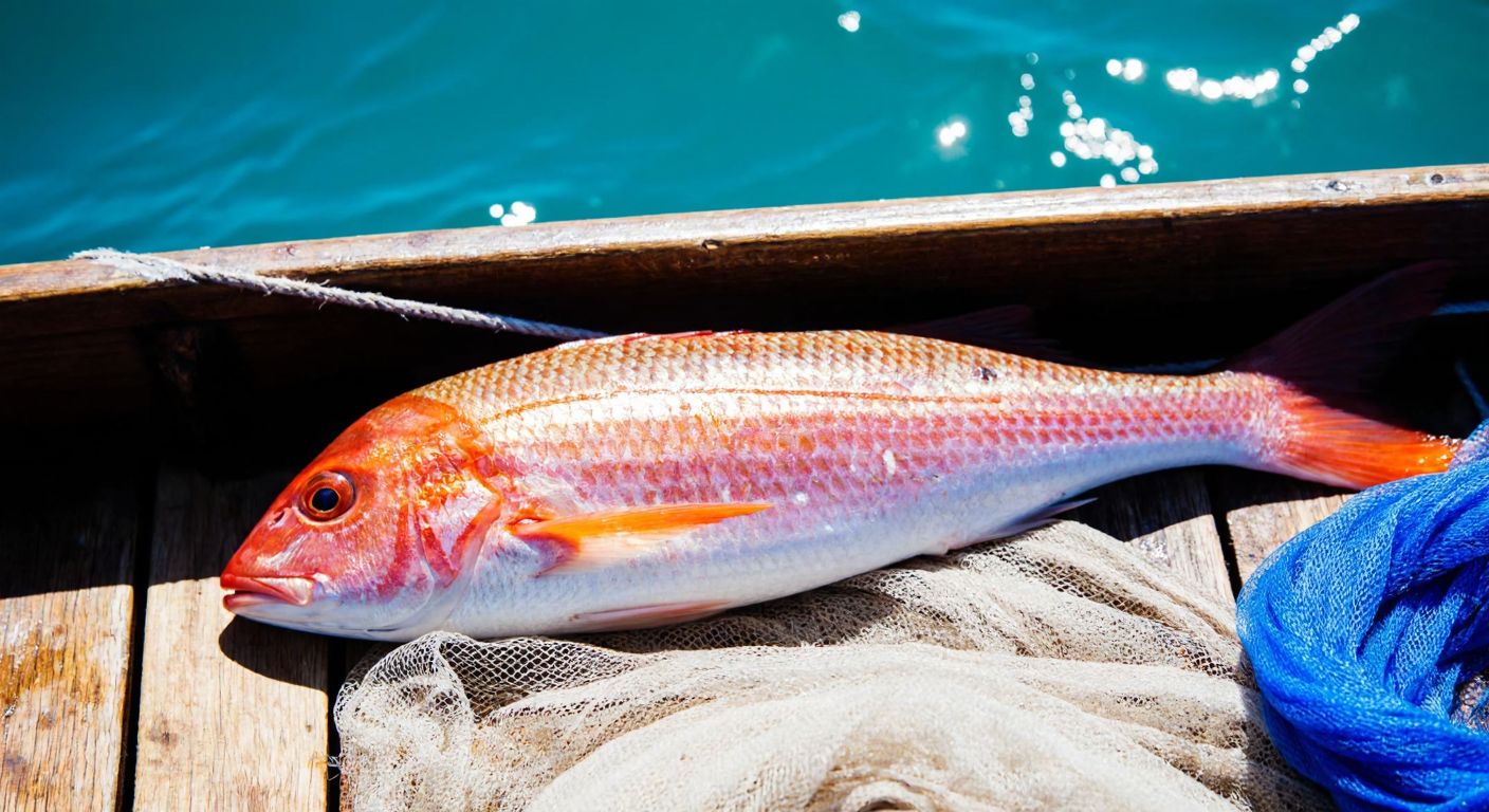 A vibrant red mullet fish with golden fins, freshly caught and glistening on a wooden fishing boat under the warm Mediterranean sun, surrounded by nets and a backdrop of turquoise waters.