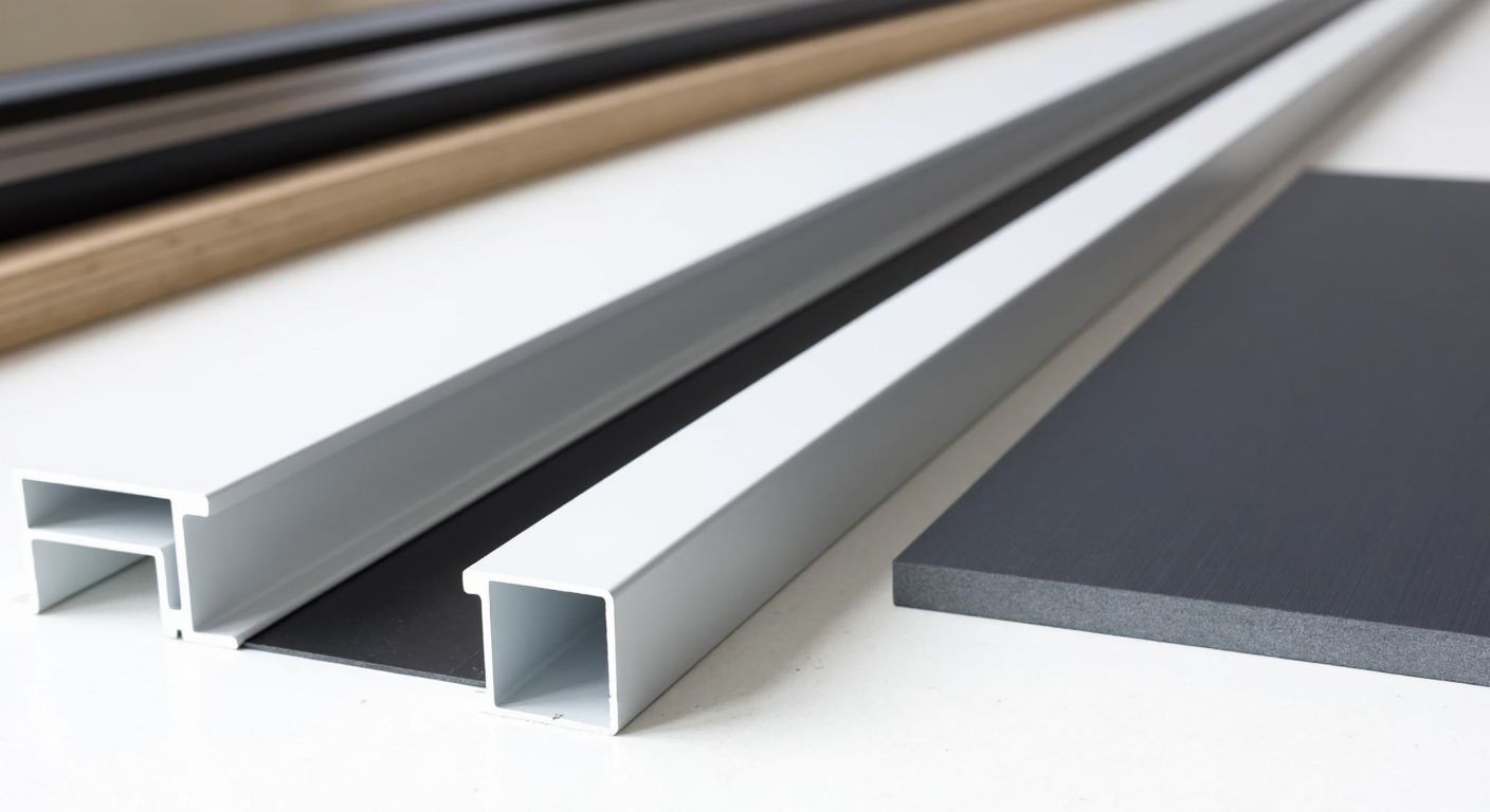 A close-up of sleek white aluminum joint profiles neatly arranged on a construction table, with a few samples in anthracite and black placed beside them, under bright workshop lighting.