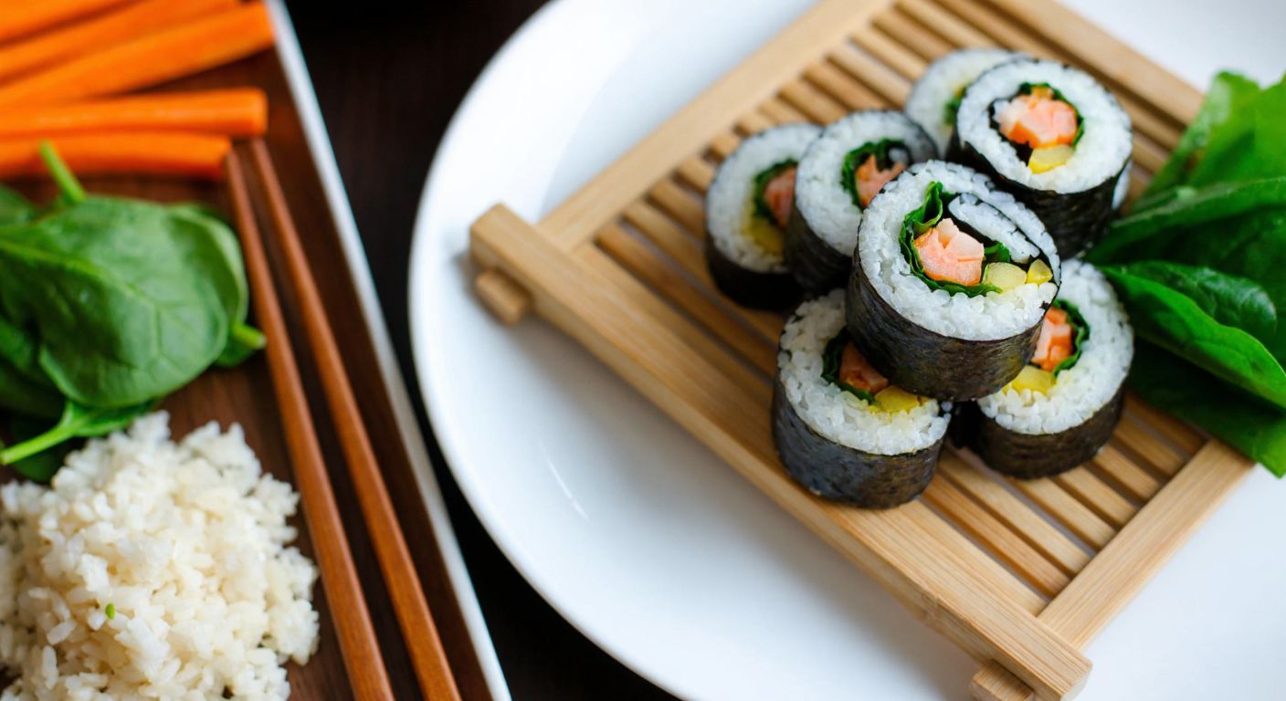A close-up of a wooden sushi mat with neatly rolled kimbap slices on a white plate, surrounded by short-grain rice grains and fresh ingredients like carrots, spinach, and pickled radish.
