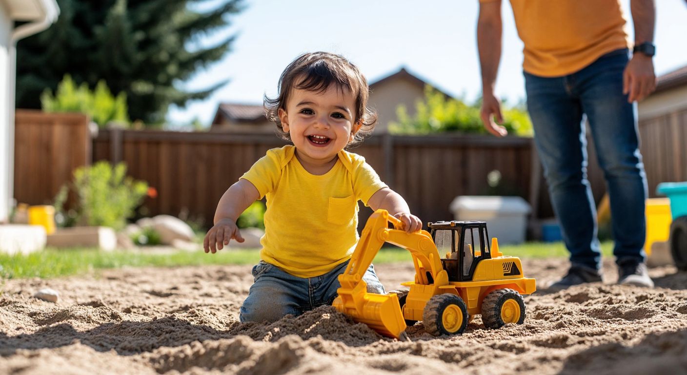 A cheerful Turkish toddler in a bright yellow shirt plays with a small plastic toy excavator in a sandy backyard, smiling under the warm sun while a watchful parent stands nearby.