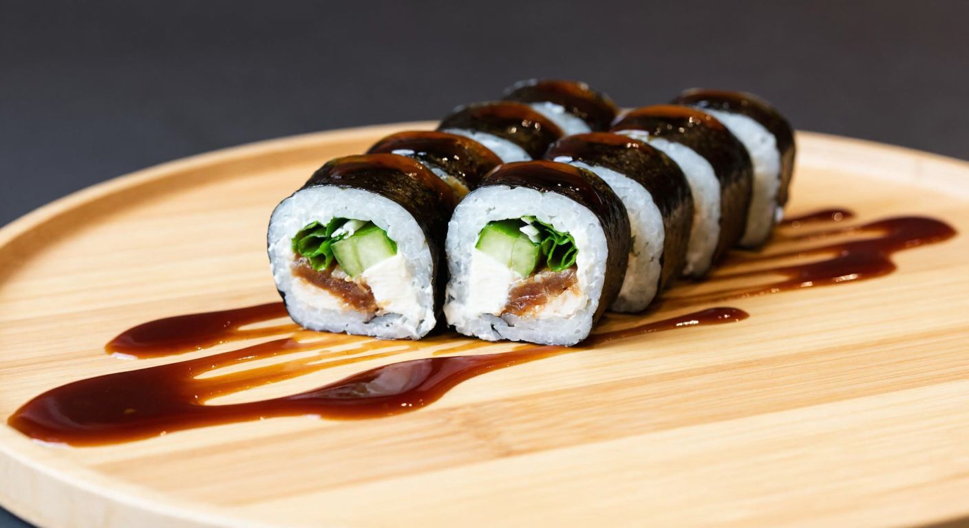 A neatly sliced sushi roll on a wooden plate, revealing layers of glazed eel, crisp cucumber, and green onion wrapped in dark nori, with a drizzle of glossy unagi sauce beside it.