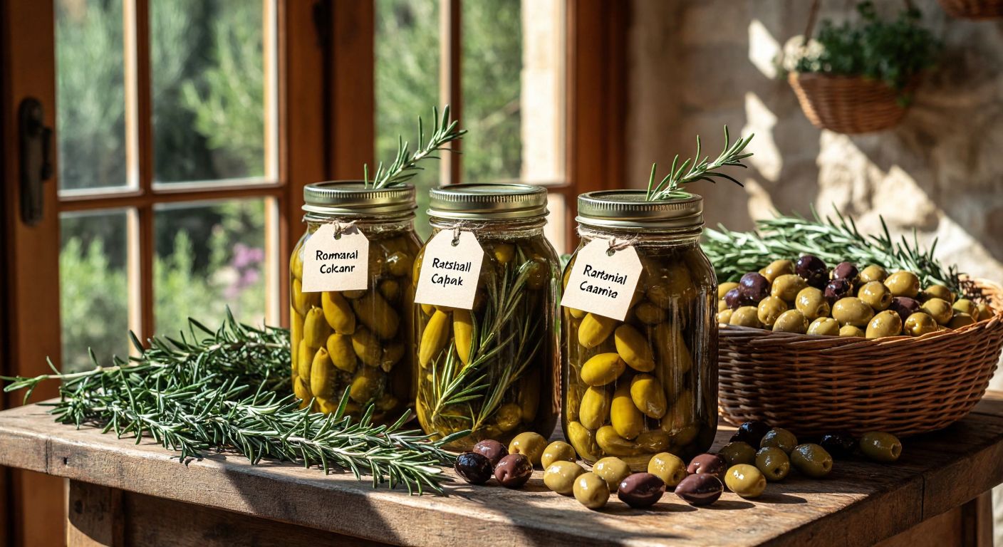 A rustic wooden table in a sunlit Turkish kitchen holds three glass jars of rosemary pickles, each labeled with a small tag (without text), surrounded by fresh rosemary sprigs, olives, and a woven basket of regional vegetables, evoking the warmth of Hatay, Çanakkale, and Antakya.