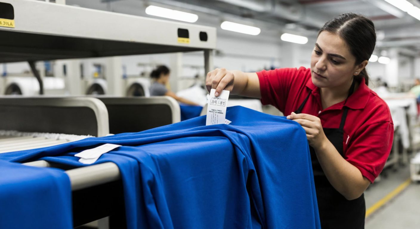 A textile worker in a bustling Turkish laundry facility carefully attaches a durable polyester washing instruction tag to a freshly sewn garment.