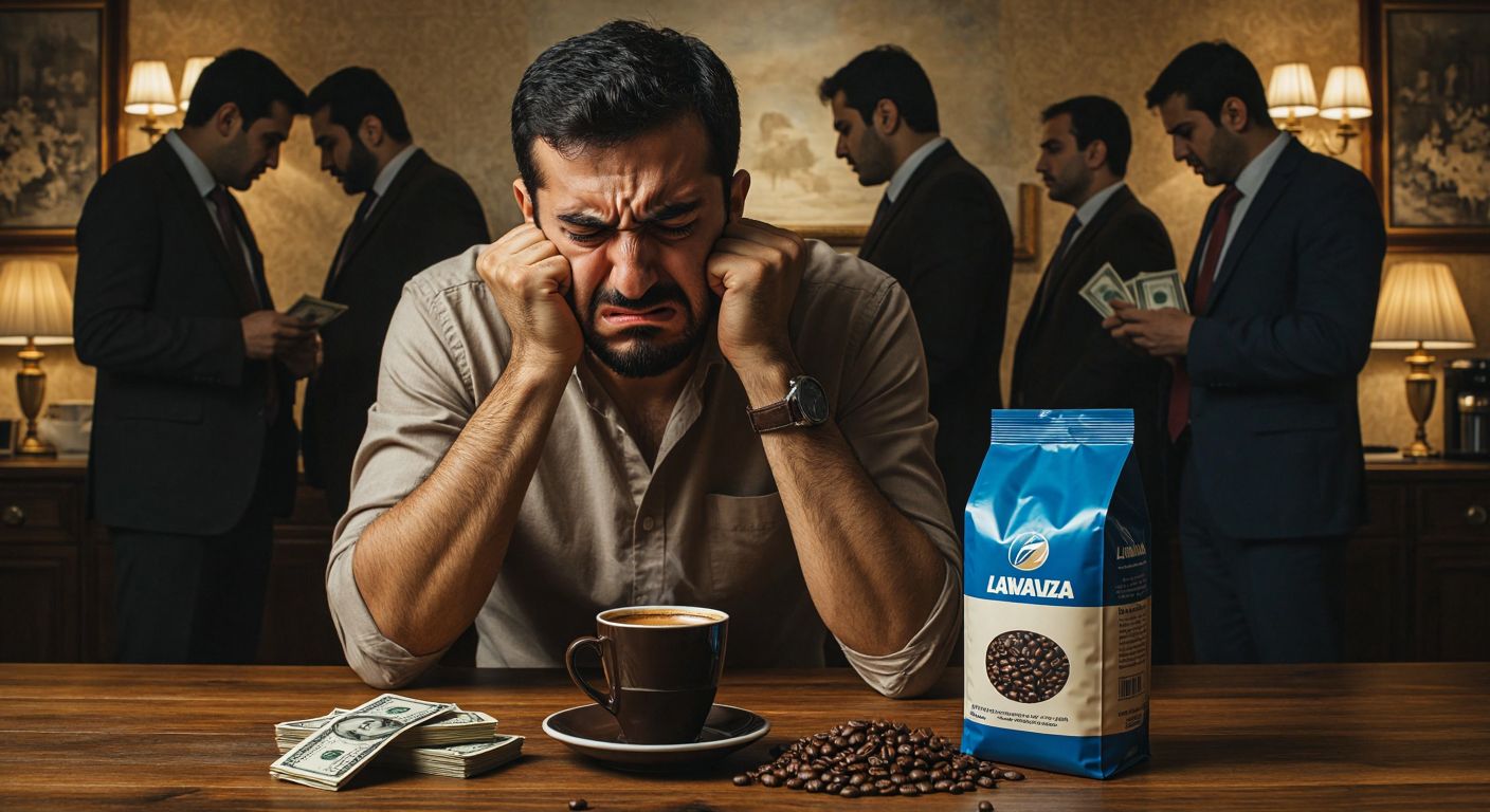 A frustrated Turkish coffee drinker frowns at an overpriced bag of Lavazza coffee beans on a wooden table, while shadowy figures of hedge fund traders loom in the background, clutching stacks of money.