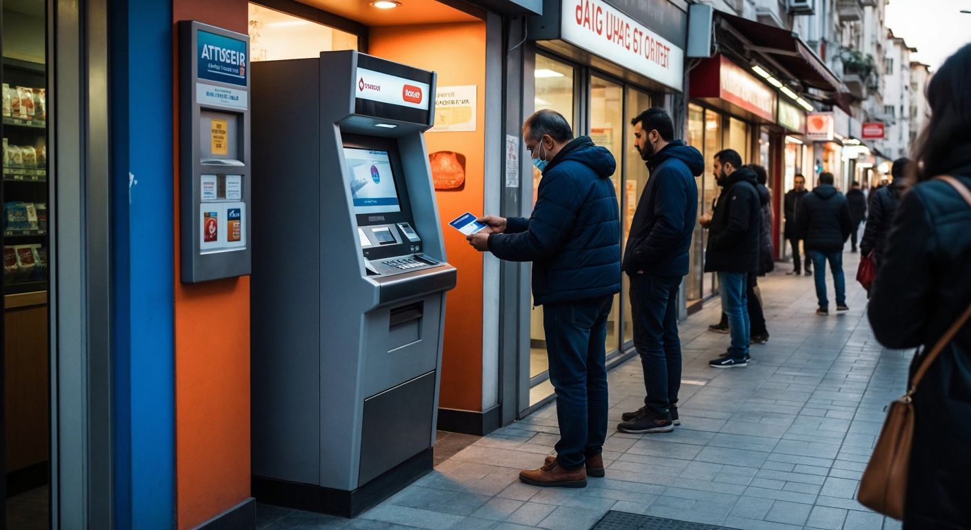 A modern ATM in a well-lit Turkish street corner, with a person in casual attire inserting a bank card while a small queue of people waits patiently behind them.