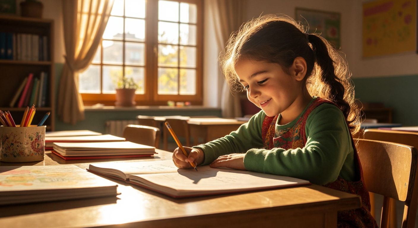 A child in a Turkish classroom carefully practicing cursive writing with a pencil, surrounded by colorful notebooks and a teacher smiling encouragingly, while sunlight streams through the window onto their desk.