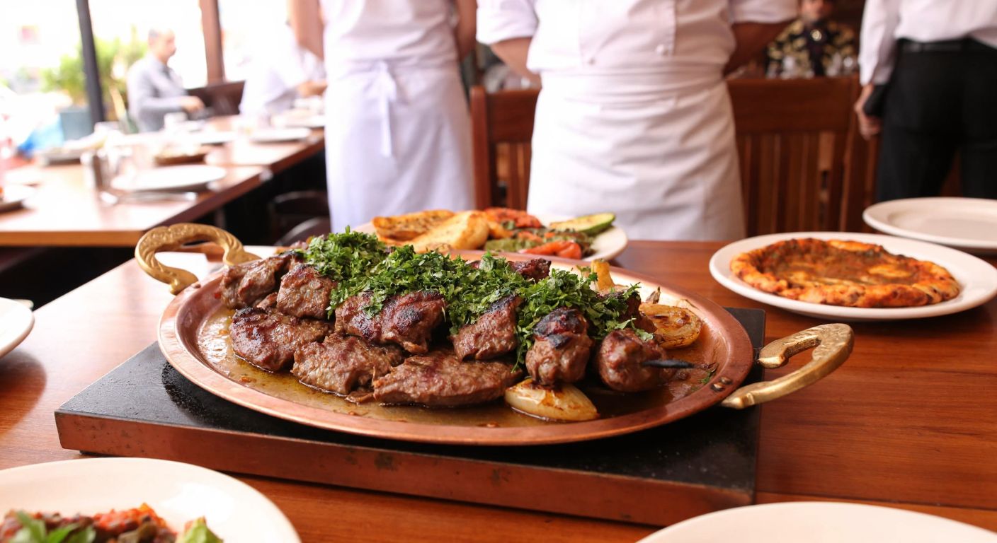 A bustling Turkish restaurant with a sizzling plate of Harran kebab, featuring juicy meat and fresh herbs, served on a copper tray amidst warm wooden tables and smiling chefs in white aprons.