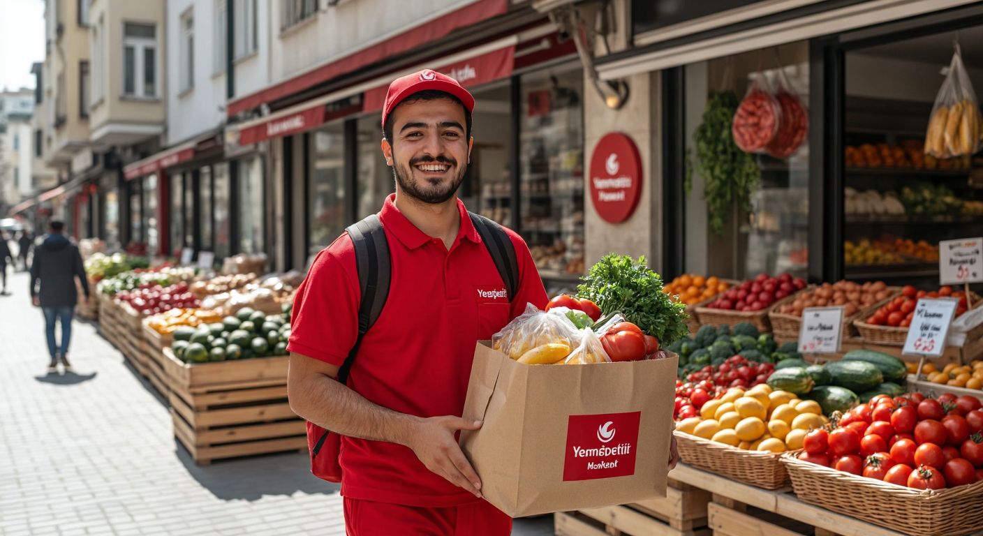 A cheerful Turkish delivery person in a bright red uniform carries a full grocery bag from Yemeksepeti Market, standing on a sunny Istanbul street with a traditional bakery and fresh produce in the background.