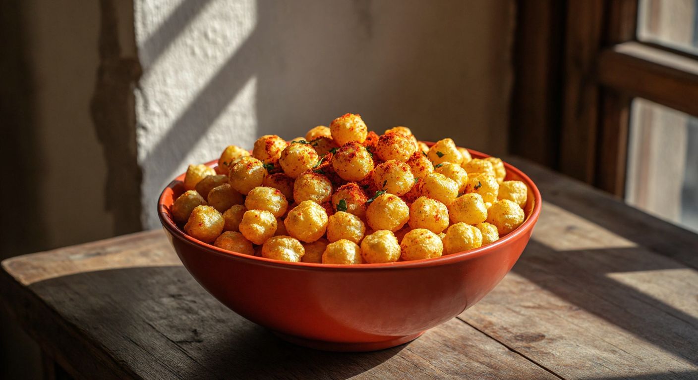 A vibrant bowl of golden corn puffs dusted with red paprika and aromatic spices, placed on a rustic wooden table in a Turkish home, with a warm, inviting light casting soft shadows.