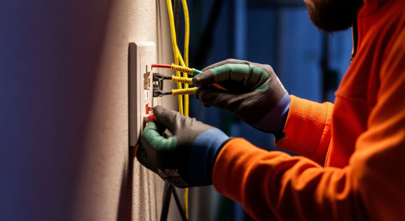 A close-up of a skilled electrician's hands in a dimly lit Turkish workshop, carefully connecting yellow-green and colored wires to a Viko brand grounded socket embedded in a plaster wall, with safety gloves and a voltage tester nearby.