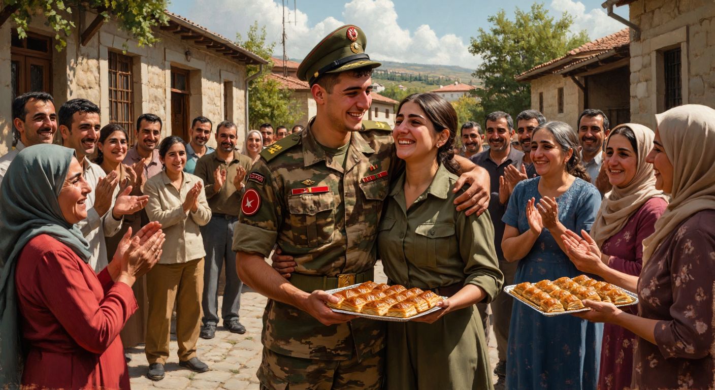 A young man in a Turkish military uniform is warmly embraced by his smiling family in a sunlit village square, surrounded by neighbors clapping and offering trays of baklava.