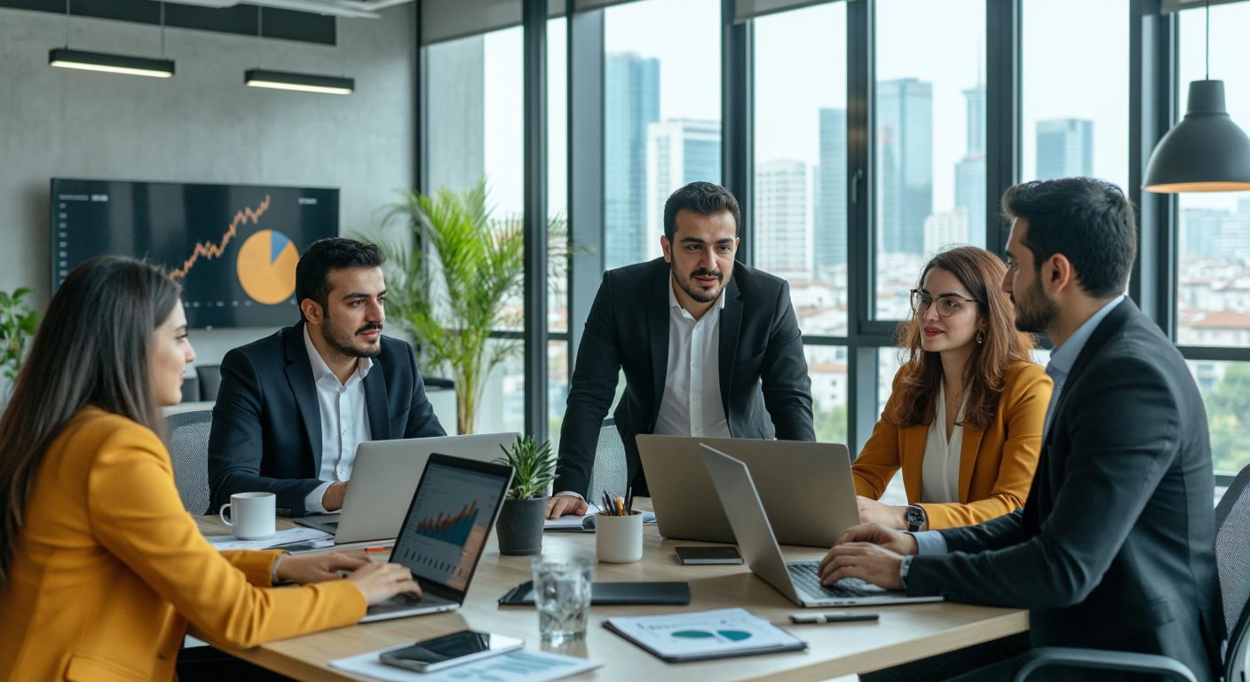 A modern Turkish office with diverse entrepreneurs discussing investment strategies, surrounded by sleek laptops and financial charts, exuding a sense of ambition and collaboration.