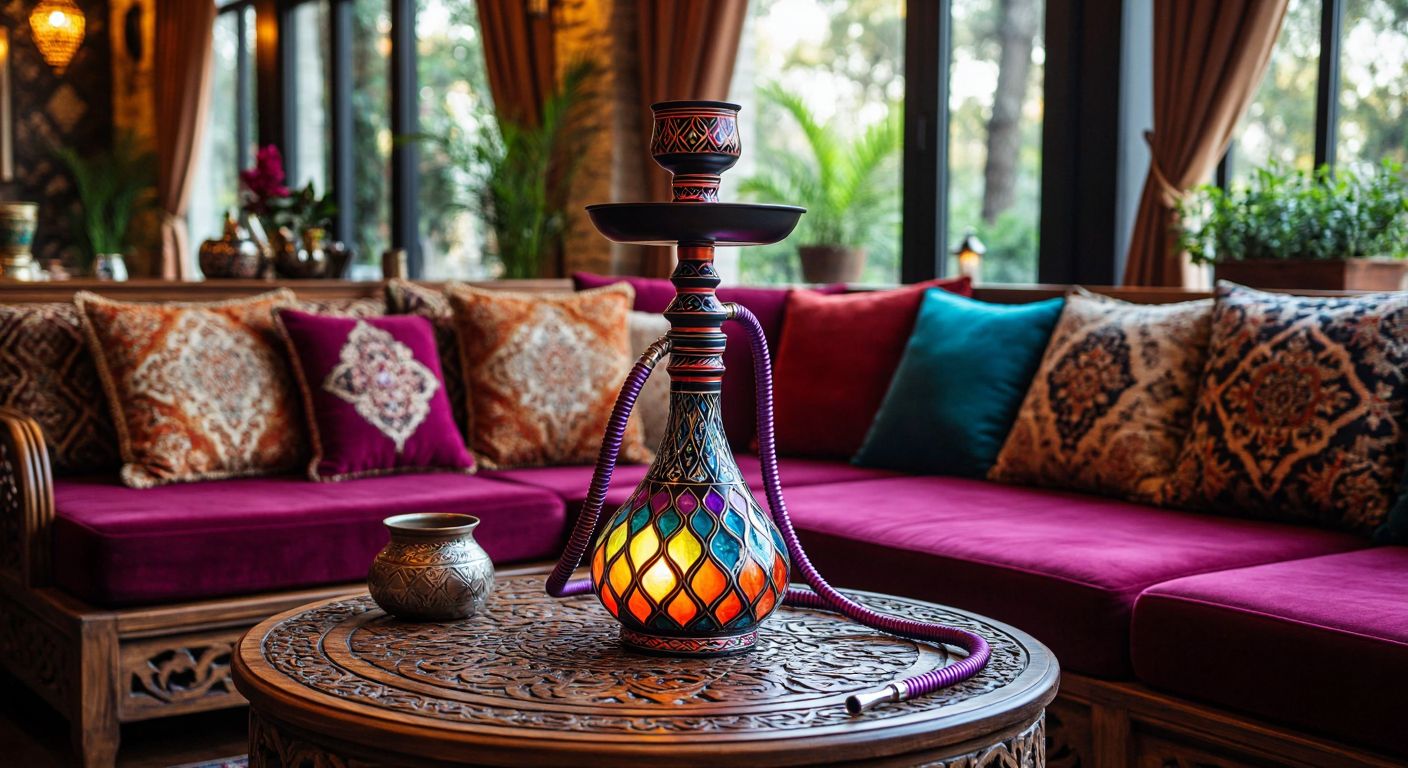 A sleek, wheel-shaped hookah with vibrant, customizable colors sits on a carved wooden table in a cozy Turkish lounge, surrounded by plush cushions and soft lighting, evoking a blend of tradition and modern design.