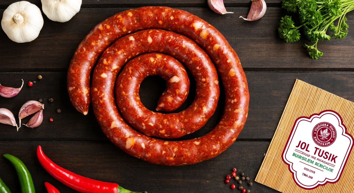 A vibrant, coiled Turkish sucuk with visible spices on a rustic wooden table, surrounded by fresh ingredients like garlic and peppers, with a neatly designed label tucked beside it.
