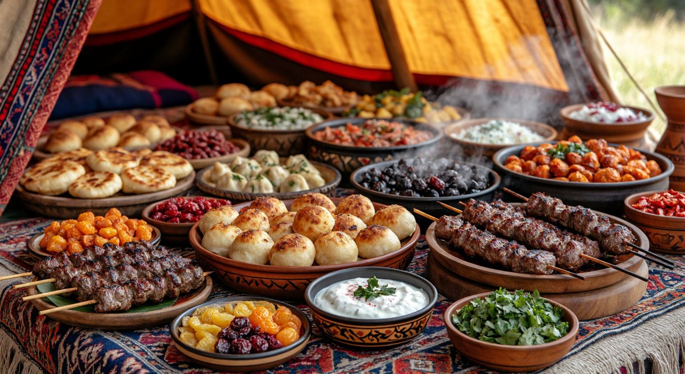 A vibrant spread of Central Asian Turkish cuisine featuring skewered grilled meats, steaming bowls of mantı, freshly baked flatbreads, colorful dried fruits, and bowls of yogurt, set against a backdrop of a nomadic tent with woven textiles.