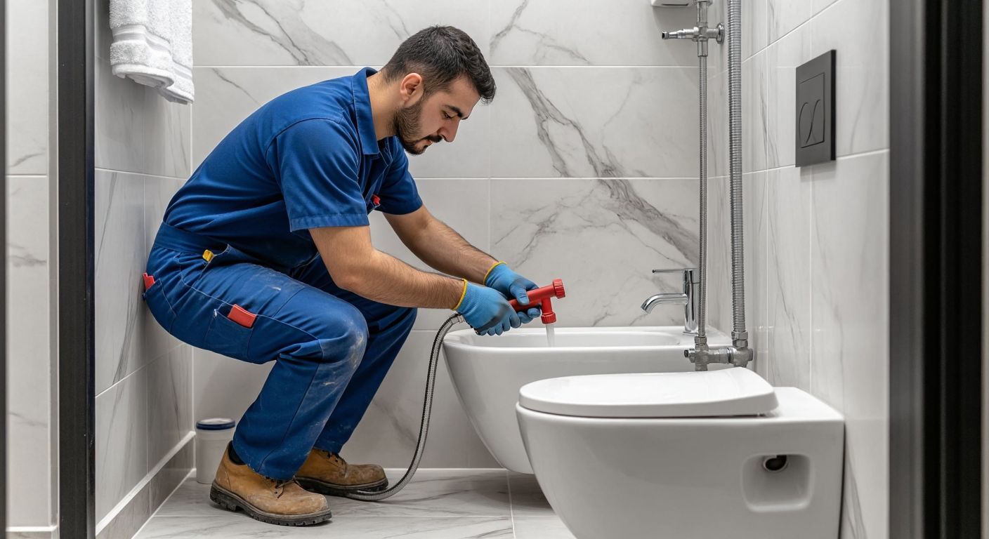 A Turkish plumber in a blue work uniform carefully connects water pipes to a sleek white bidet installation in a modern bathroom with marble tiles.