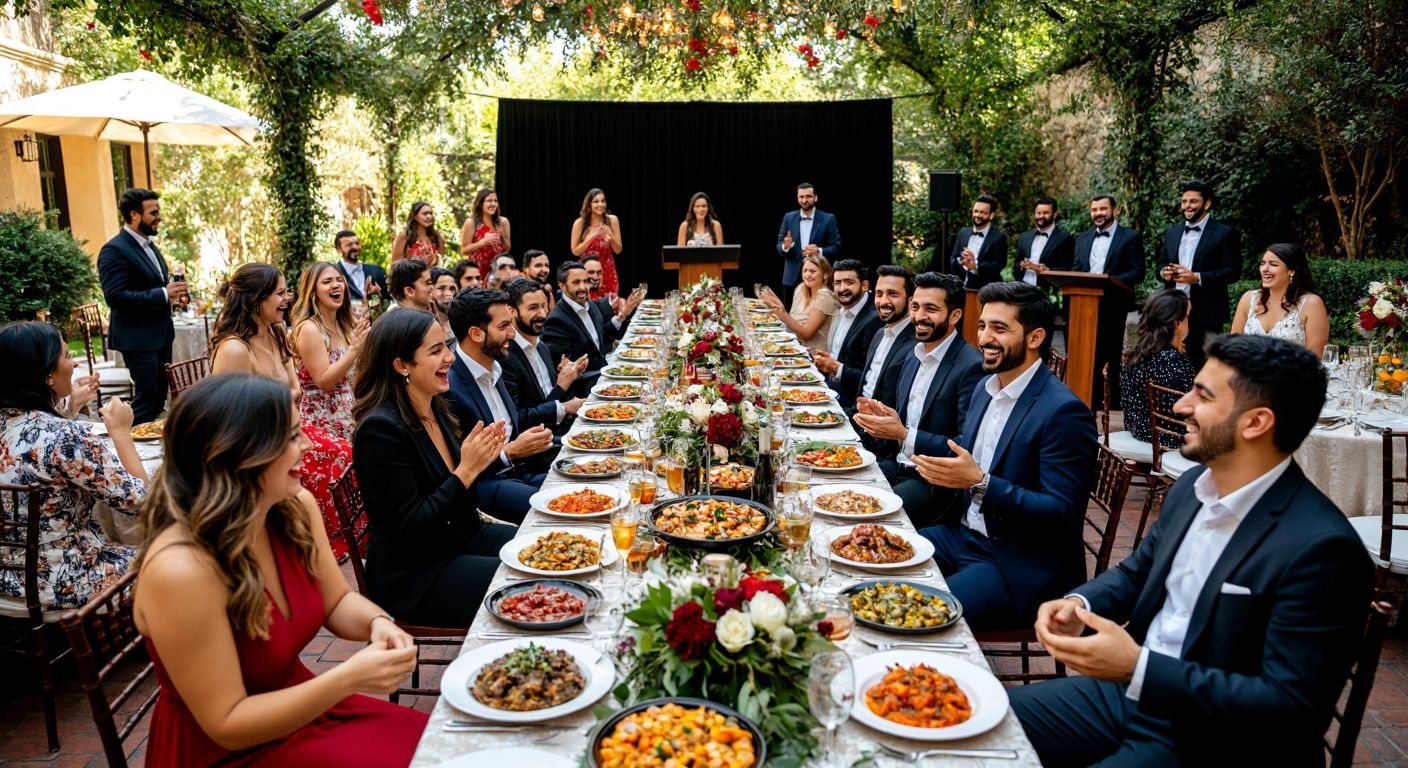 A lively outdoor ziyafet with colorful Turkish dishes on long tables, guests laughing and dancing, contrasted by a formal indoor banket with suited attendees seated at round tables, listening to a speaker at a podium.