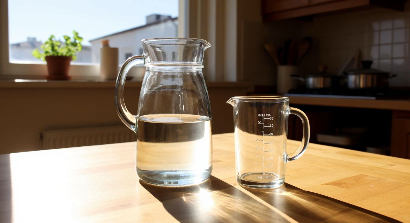 A clear glass pitcher filled with water sits on a sunlit wooden table in a Turkish kitchen, next to a measuring cup marked at the 1-liter line.