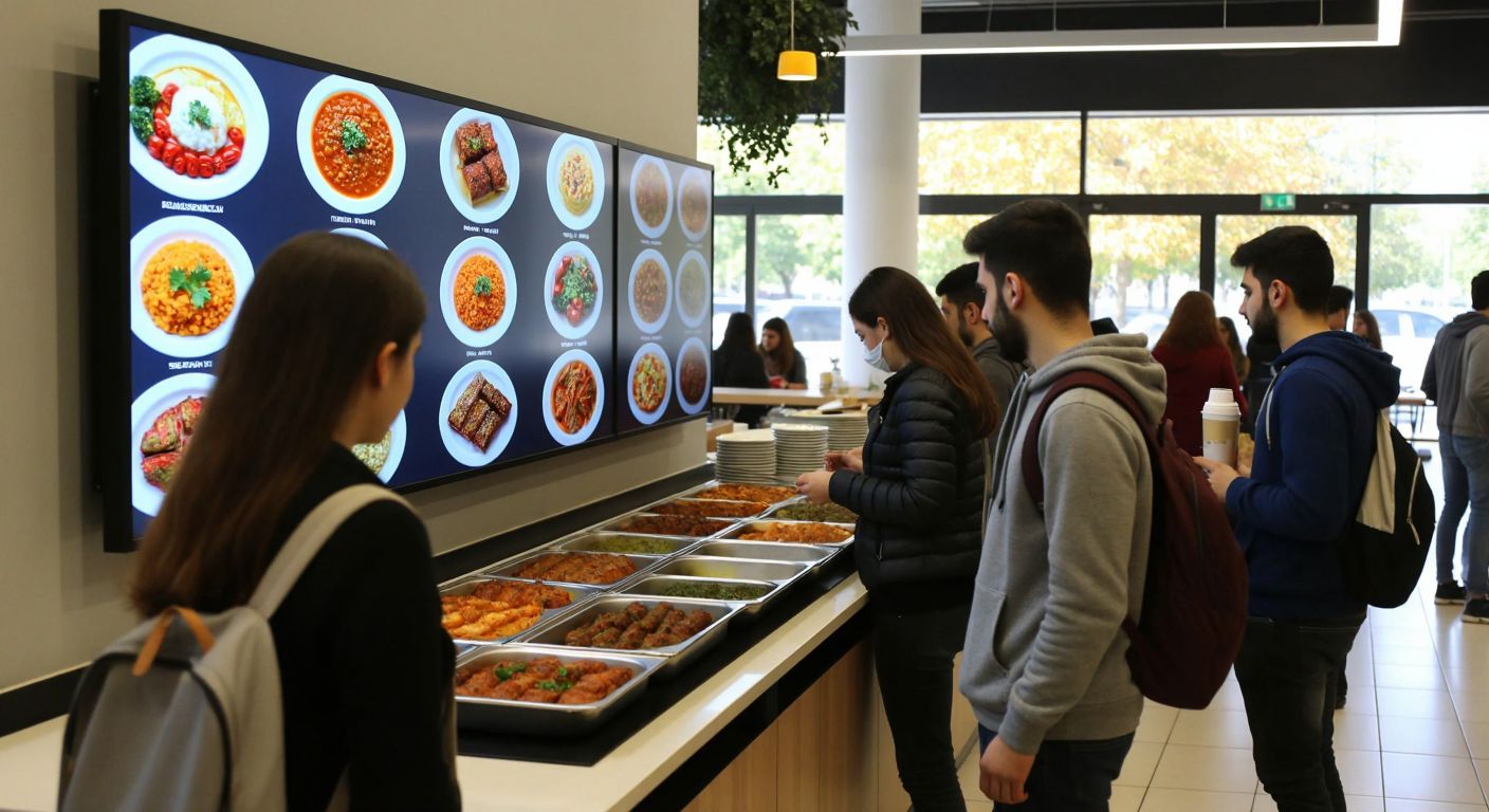 A bustling university cafeteria in Düzce with students in casual attire checking a large digital menu board displaying colorful trays of traditional Turkish dishes like lentil soup, kebabs, and baklava.  

(Note: The digital menu board is implied as a visual element but not described with text or UI details to comply with constraints.)
