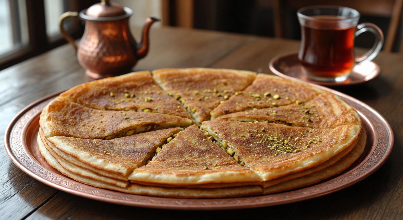 A warm, golden-brown Kayseri katmer, freshly cooked on a saç, with layers flaking apart to reveal a filling of tahini and crushed pistachios, served on a traditional copper tray alongside a steaming glass of Turkish tea.