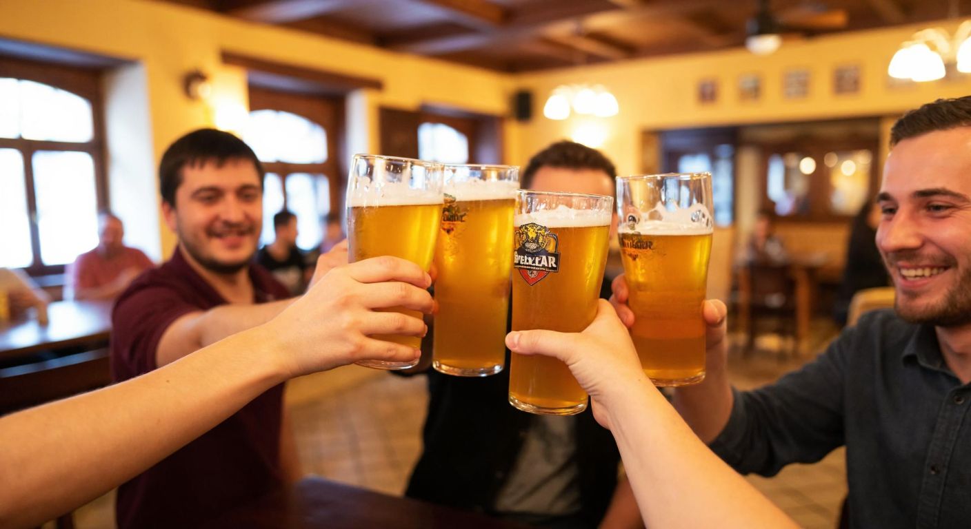 A group of people in a lively Kosovan pub clinking frosty glasses of golden Birra Peja, with traditional Balkan decor and warm lighting reflecting off the beer.